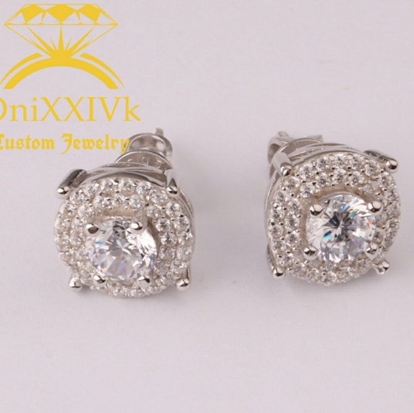 Iced Out Custom 925 Silver Studded Earrings - Picture 1 of 2